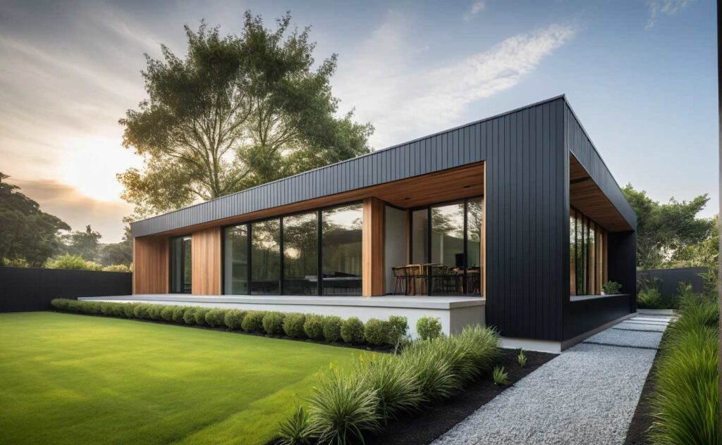 Constructeur Maison Architecte Plain Pied Moderne Design Loft Patio 4 pans et Toit Plat et Bardage et Parement Pierre (1)