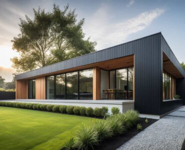 Constructeur Maison Architecte Plain Pied Moderne Design Loft Patio 4 pans et Toit Plat et Bardage et Parement Pierre (1)