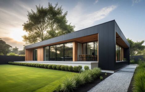 Constructeur Maison Architecte Plain Pied Moderne Design Loft Patio 4 pans et Toit Plat et Bardage et Parement Pierre (1)