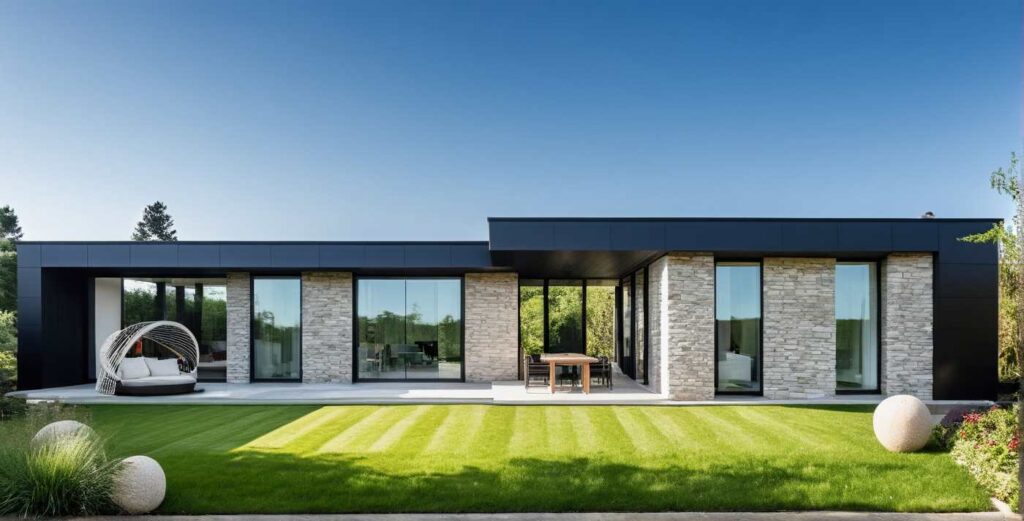 Constructeur Maison Architecte Plain Pied Moderne Design Loft Patio 4 pans et Toit Plat et Bardage et Parement Pierre (3)