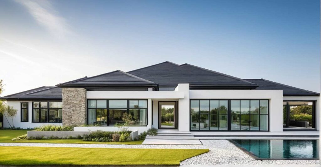 Constructeur Maison Architecte Plain Pied Moderne Design Loft Patio 4 pans et Toit Plat et Bardage et Parement Pierre (6)