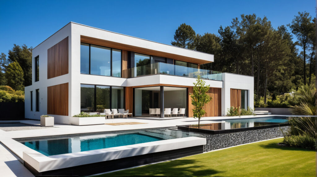 Architecte Constructeur Maison Ossature Bois Architecte avec Bardage Bois Moderne Design 4 pans et Toit Plat (5)