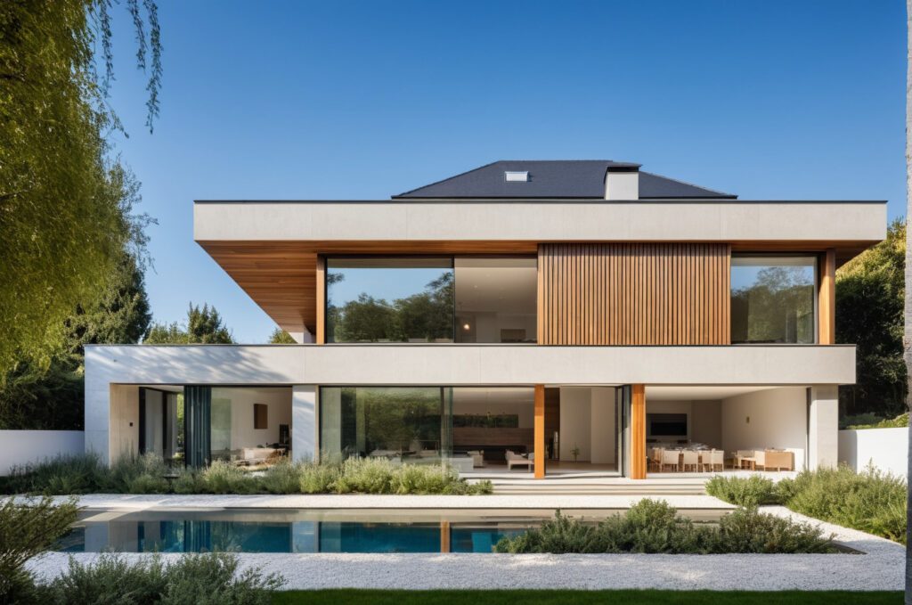 Architecte Constructeur Maison Ossature Bois Architecte avec Bardage Bois Moderne Design 4 pans et Toit Plat (5)
