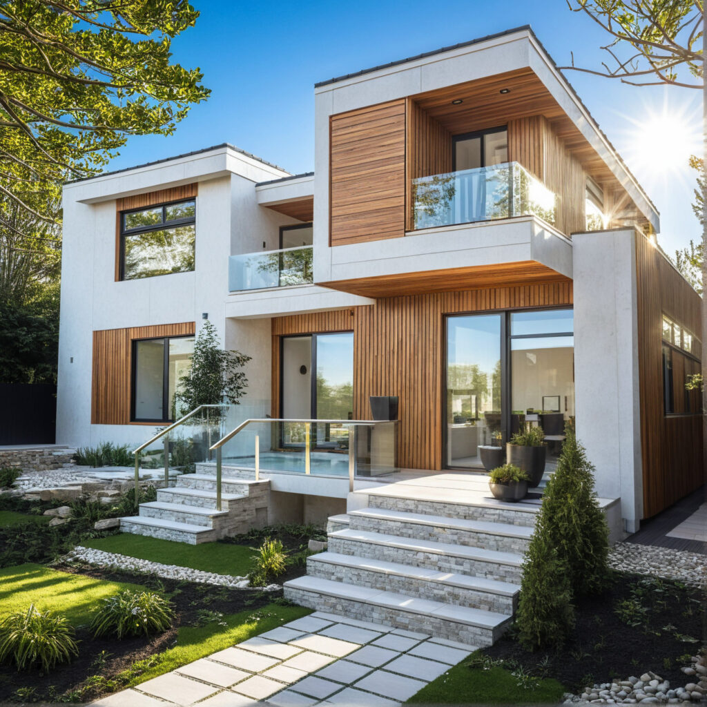 Architecte Constructeur Maison Ossature Bois Architecte avec Bardage Bois Moderne Design 4 pans et Toit Plat (6)