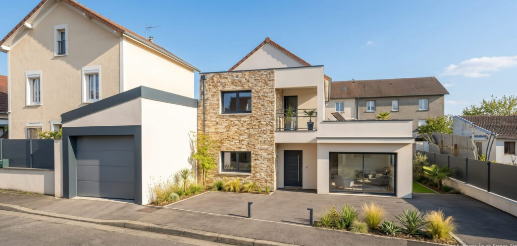 Designer constructeur de maison d'architecte avec parement pierre naturelle, meulière, plaquettes et enduit effet pierre