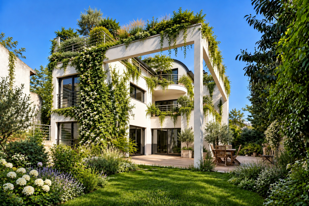 Villa blanche écologique au jardin luxuriant - maison d'architecte avec toiture végétalisée et mur végétalisé