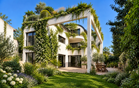 Villa blanche écologique au jardin luxuriant - maison d'architecte avec toiture végétalisée et mur végétalisé